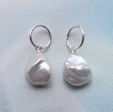 Stunning Cultured Freshwater Keshi Pearl Earrings on Sterling Silver Sleeper Hoops